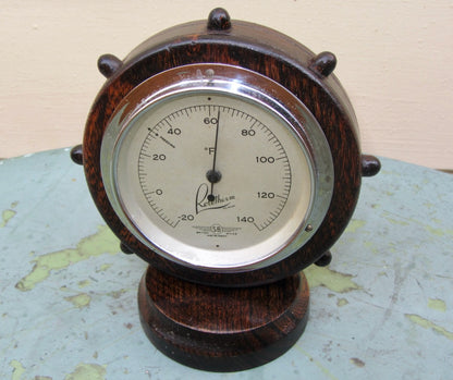 Vintage Chrome & Wood Surround SB Rototherm Thermometer. In The Shape Of A Ships Wheel