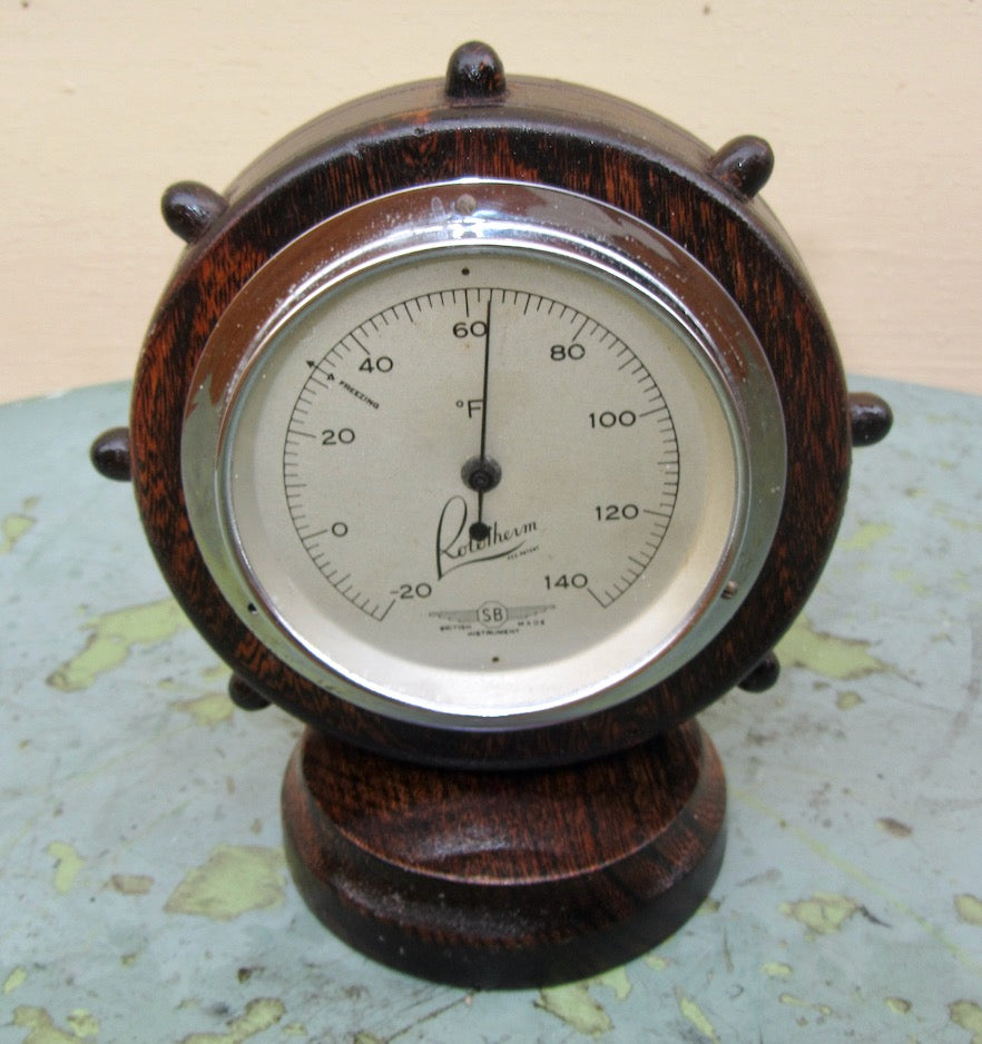 Vintage Chrome & Wood Surround SB Rototherm Thermometer. In The Shape Of A Ships Wheel