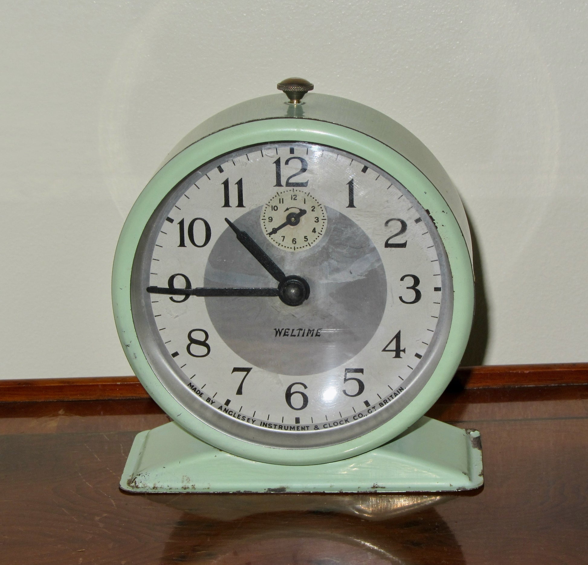 Vintage Weltime Alarm Clock In Pale Green By Anglesey Instrument and Clock Co