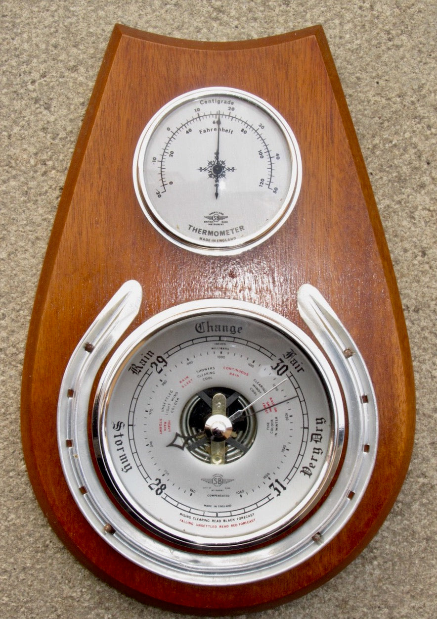 1950s Shortland SB Aneroid Barometer and Thermometer In A Wood Surround
