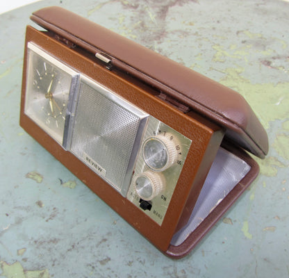 Vintage Review Travel Radio Alarm Clock In A Brown Plastic Case