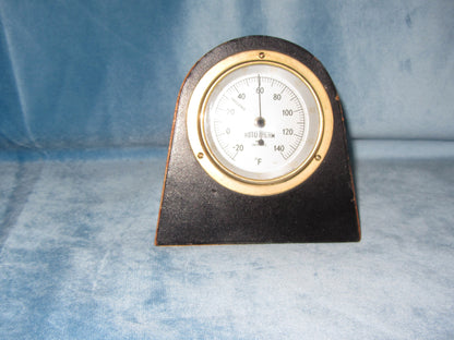 Vintage Brass Rototherm Desk Thermometer In A Wood Surround With Leather Front