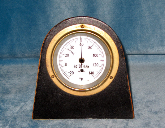 Vintage Brass Rototherm Desk Thermometer In A Wood Surround With Leather Front
