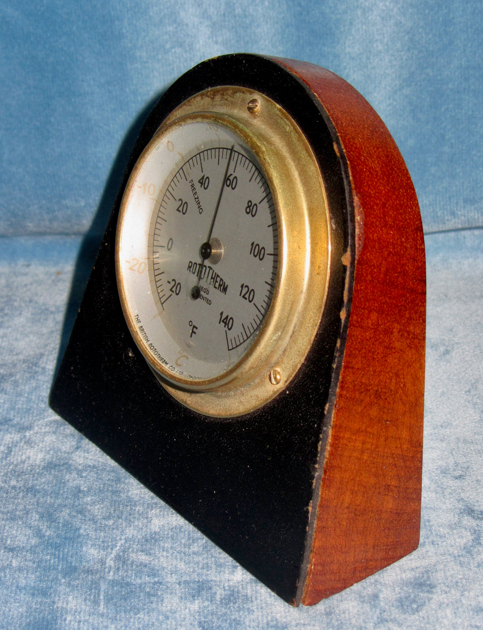 Vintage Brass Rototherm Desk Thermometer In A Wood Surround With Leath ...