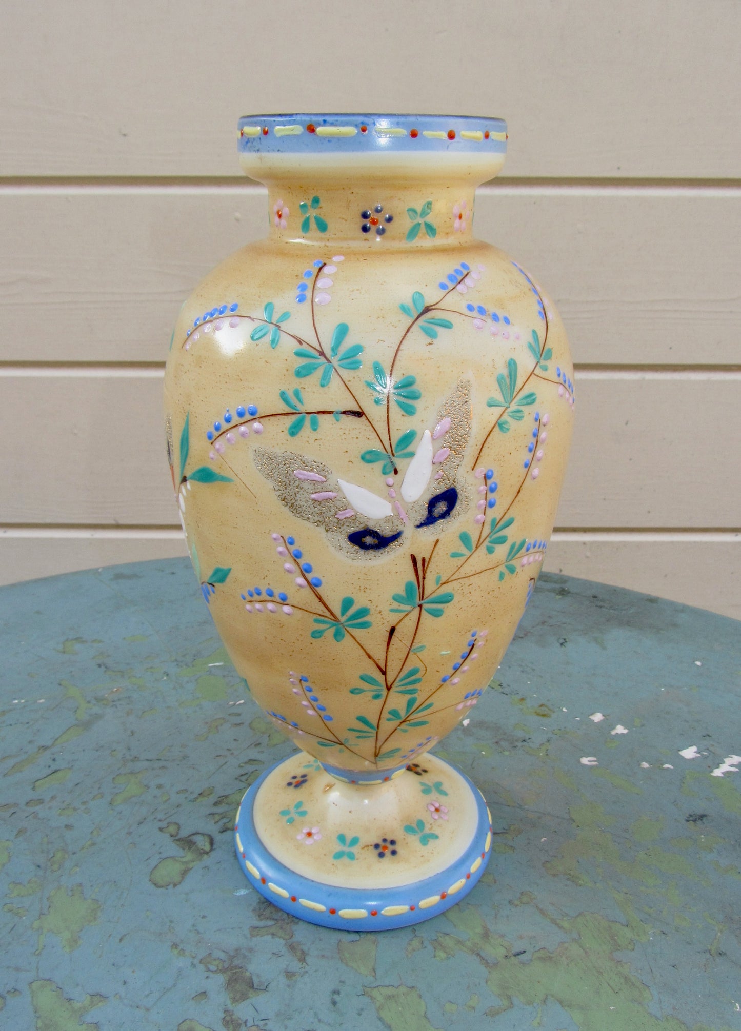 Antique Opaque Beige And Blue Glass Floral Vase With Butterflies.