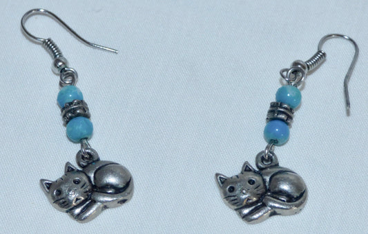 Silver Coloured Metal Cat Dangle And Drop Earrings With Blue Coloured Beads