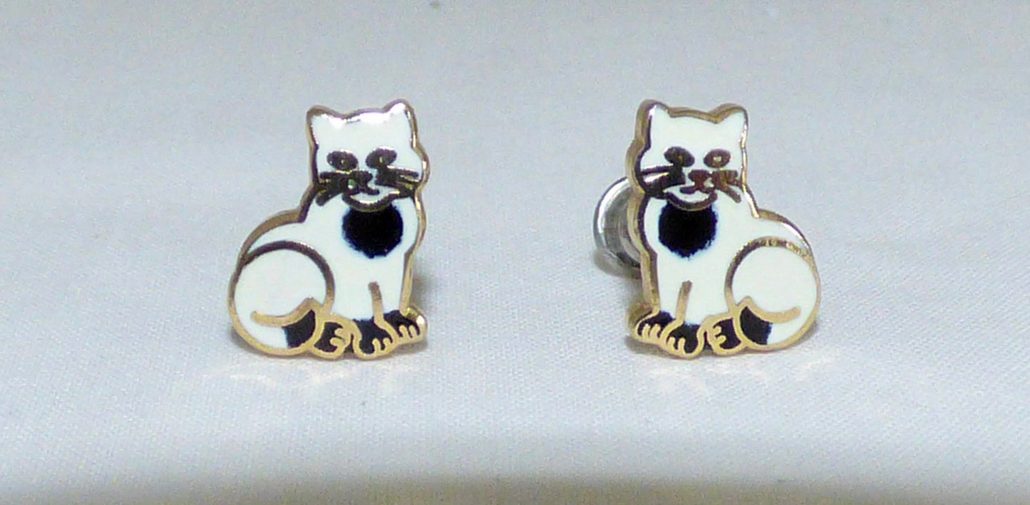 Vintage White Cat Stud Earrings In Gold Coloured Metal