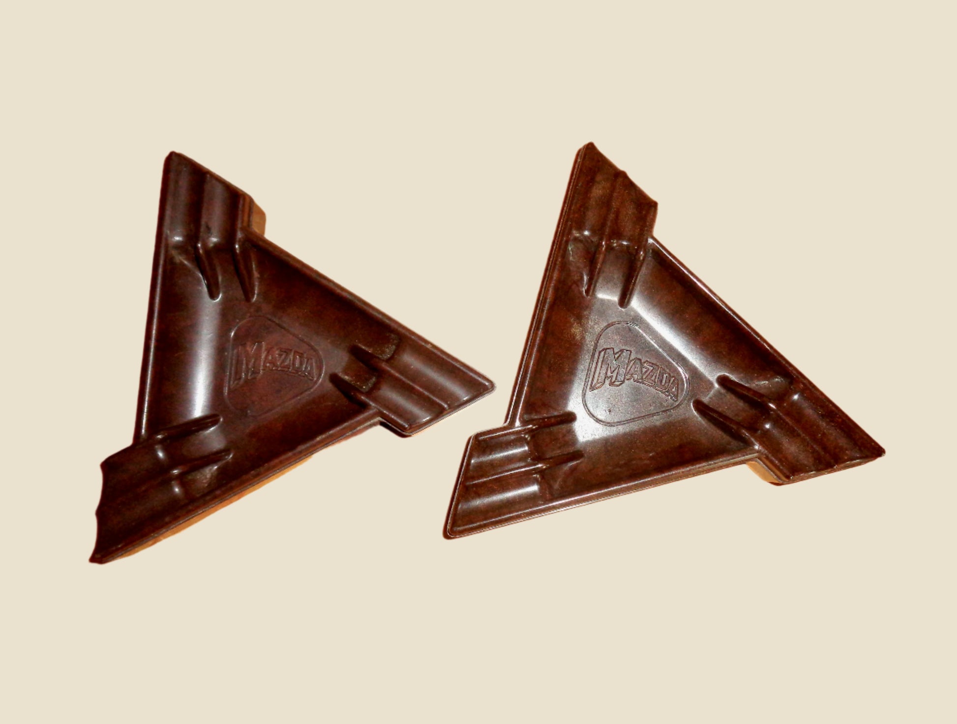 Pair Of Vintage Mazda Brown Bakelite Triangular Ashtrays