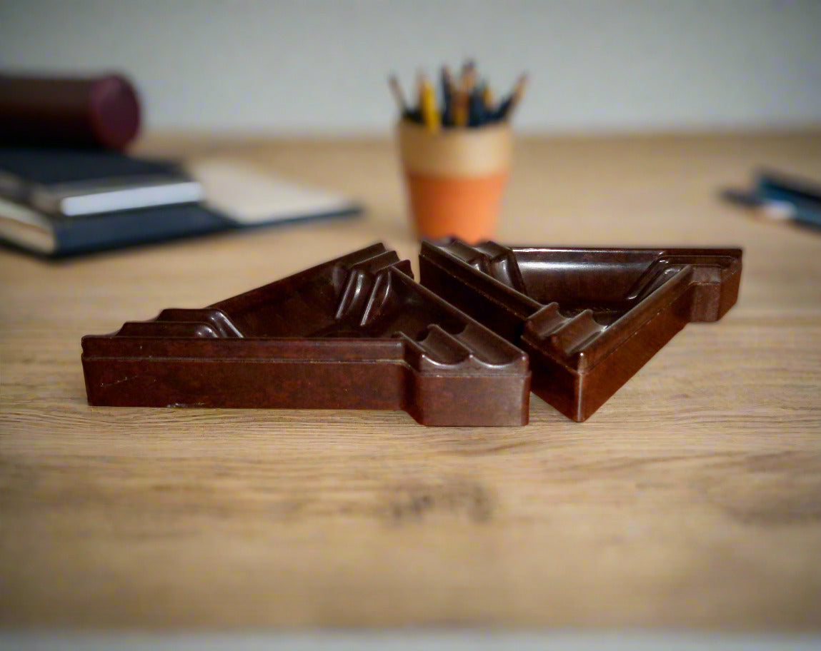 Pair Of Vintage Mazda Brown Bakelite Triangular Ashtrays