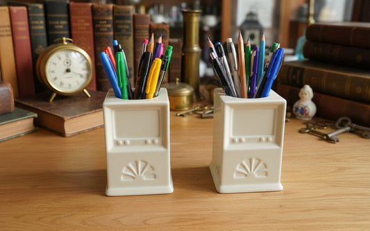 Pair of Cream Wade Pottery Desk Pen Pots With Vintage Television Embossing
