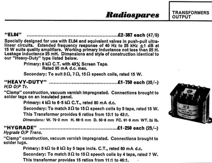 Vintage Radiospares RS Heavy Duty Output Transformer 21-754