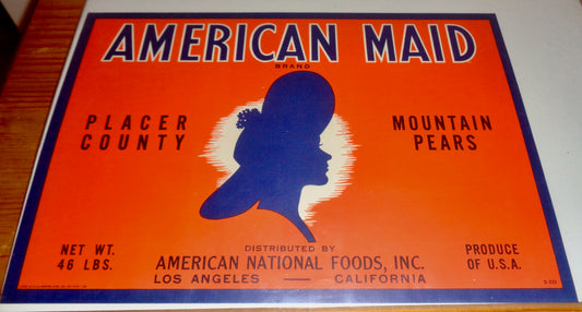 Vintage Original Fruit Crate Label For American Maid Mountain Pears