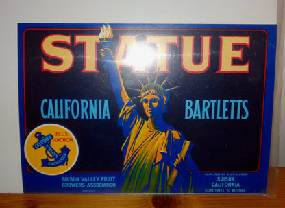 Vintage Original Fruit Crate Label For Statue California Bartletts
