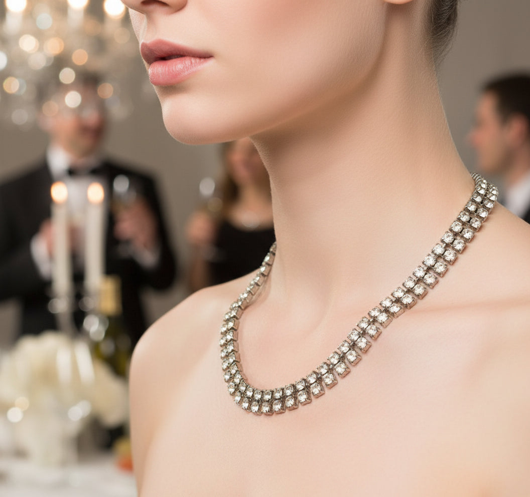 Vintage Diamanté Necklace Two Row 15 Inch