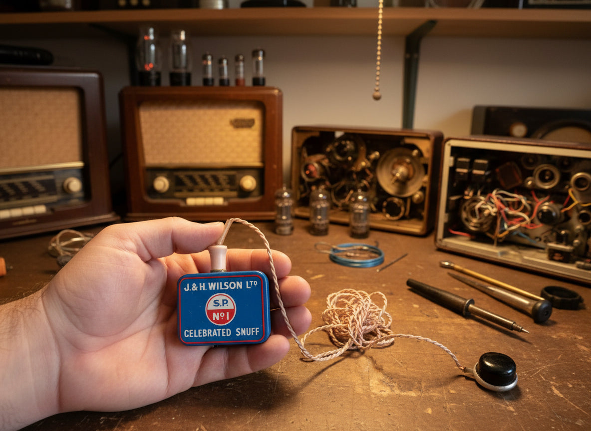 Vintage Miniature Radio Fitted In A Snuff Tin With Acos Microphone Ear Bud