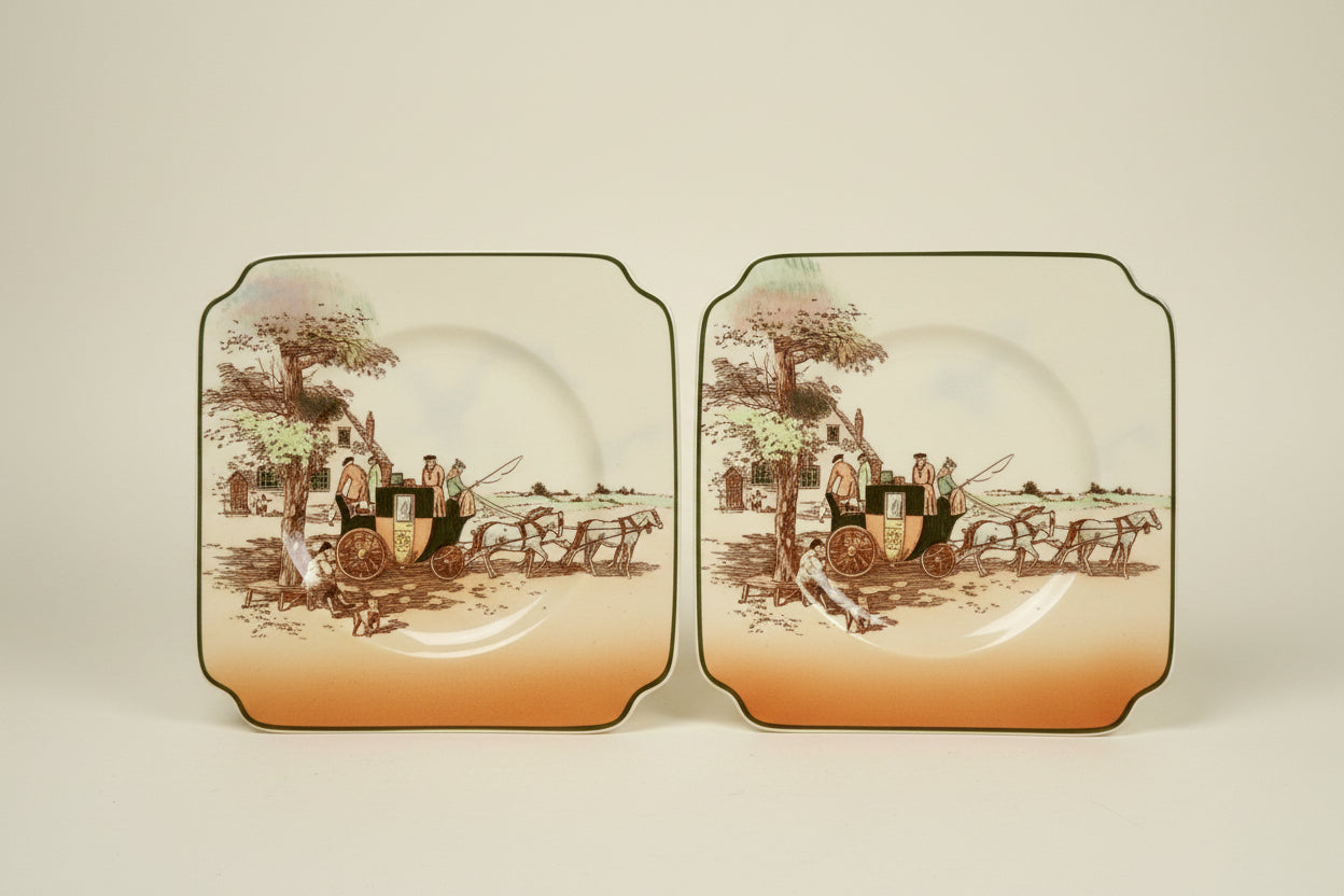 Pair Of 1950s Royal Doulton Old English Coaching Scenes Side Plates